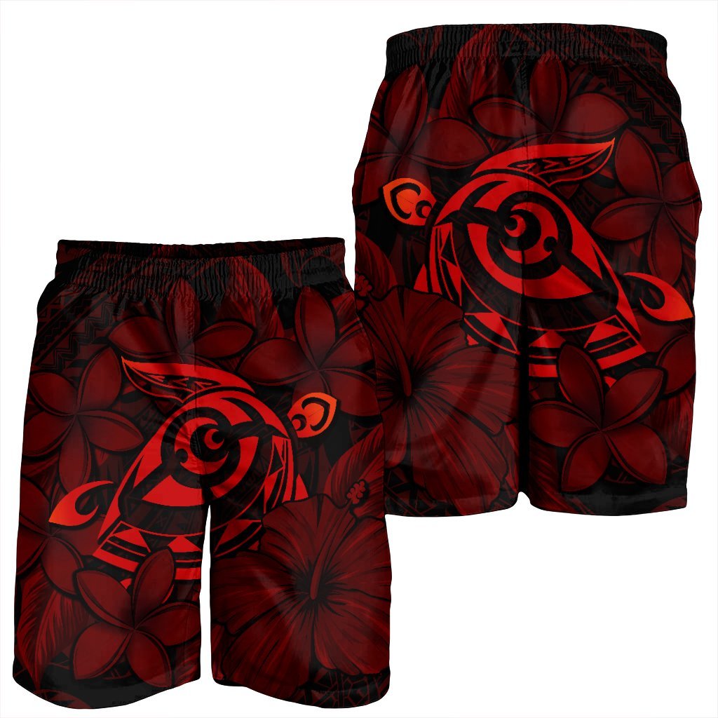 Hawaiian Turtle Hibiscus Plumeria Kanaka Polynesian Men's Shorts Red - Soft Style - AH - Polynesian Pride