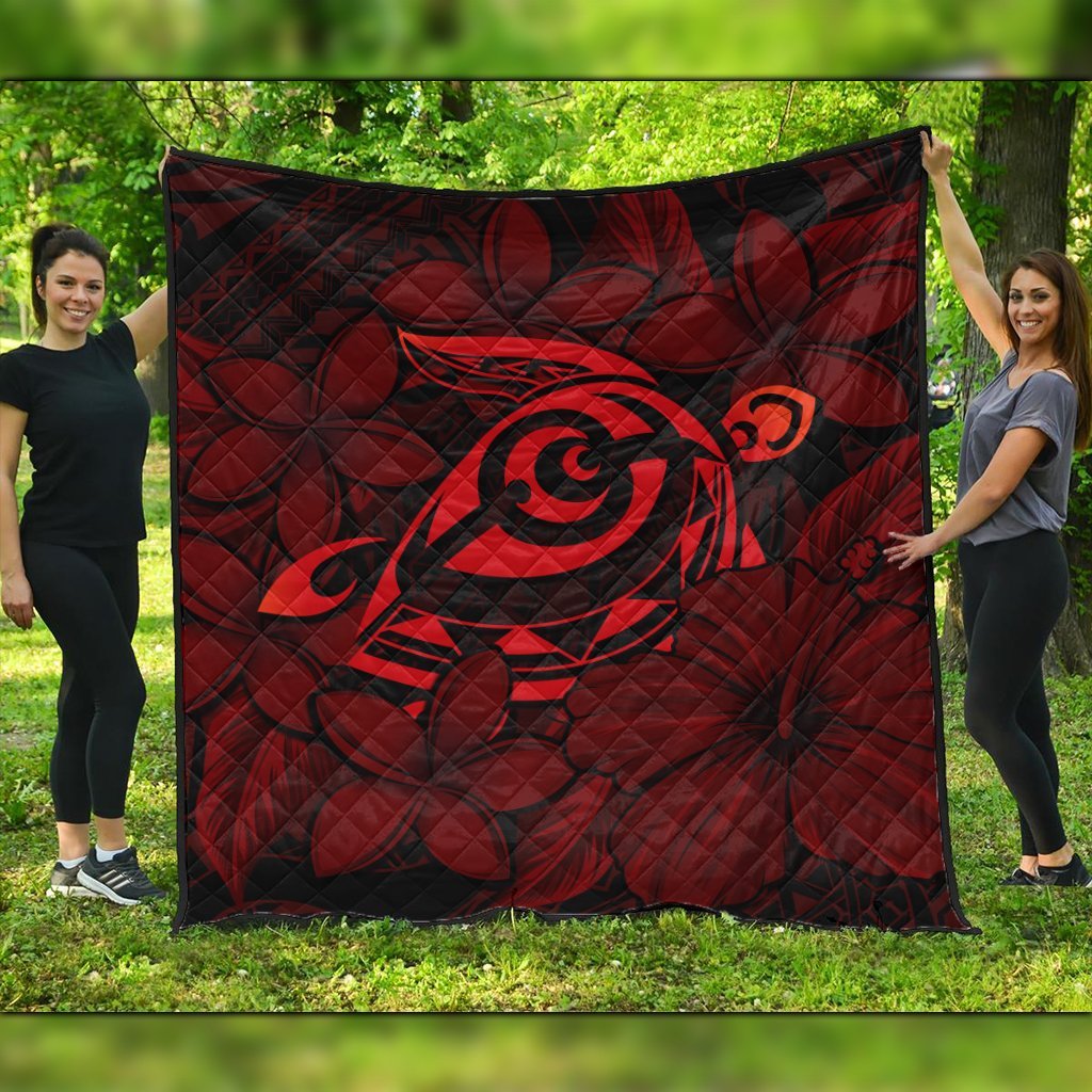 Hawaiian Turtle Hibiscus Plumeria Kanaka Polynesian Premium Quilts Red - Soft Style - AH Black - Polynesian Pride