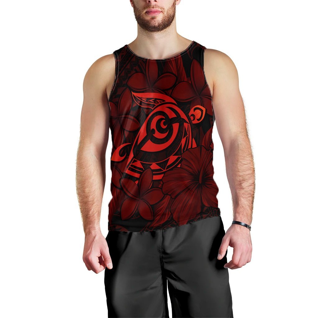 Hawaiian Turtle Hibiscus Plumeria Kanaka Polynesian Tank Top Red - Soft Style - AH Black - Polynesian Pride