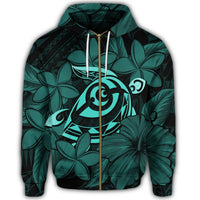Hawaiian Turtle Hibiscus Plumeria Kanaka Polynesian Zip Hoodie Turquoise Soft Style - Polynesian Pride