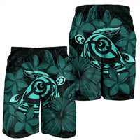 Hawaiian Turtle Hibiscus Plumeria Kanaka Polynesian Men's Shorts Turquoise - Soft Style - AH - Polynesian Pride