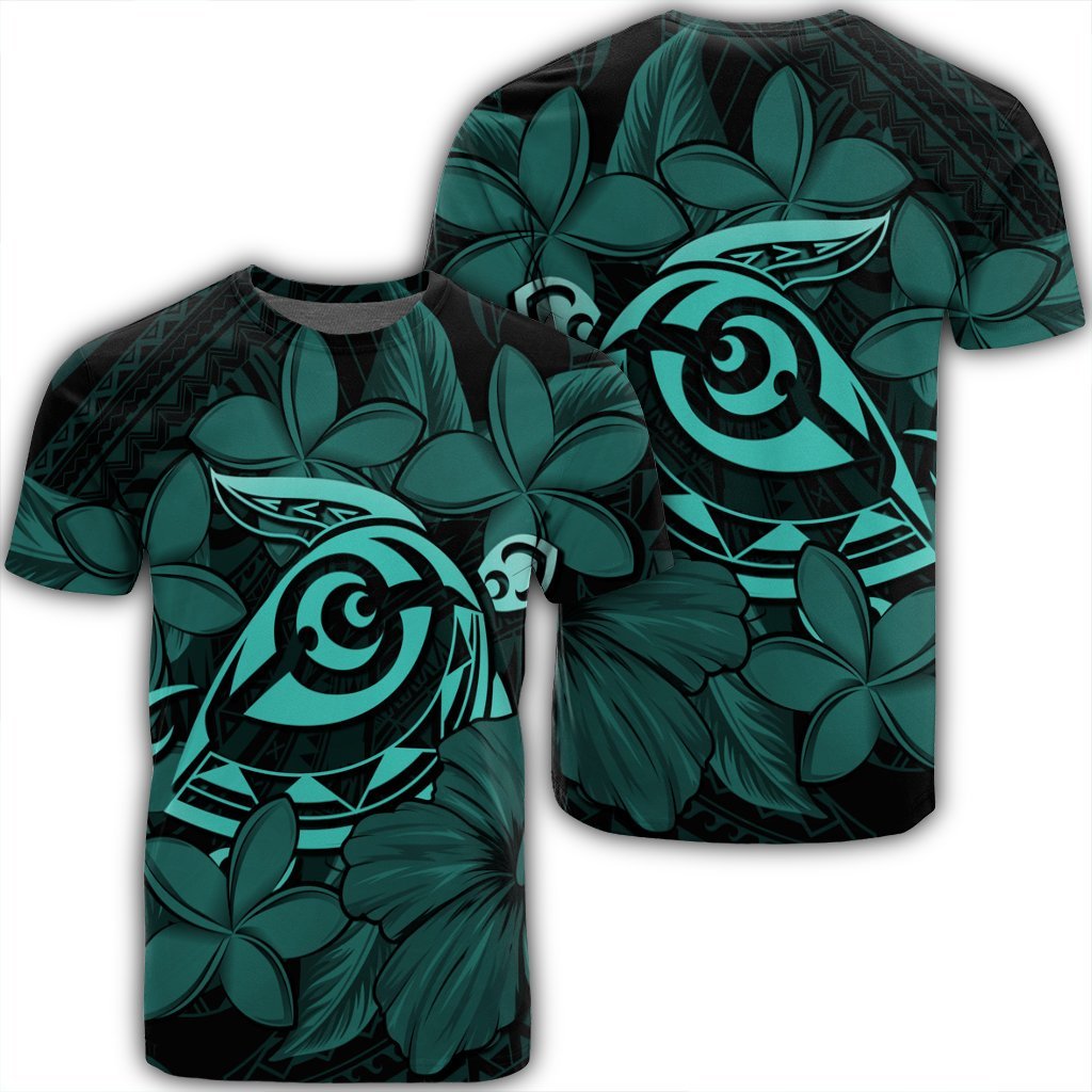 Hawaiian Turtle Hibiscus Plumeria Kanaka Polynesian T Shirt Turquoise Soft Style AH Unisex Black - Polynesian Pride