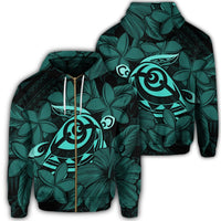 Hawaiian Turtle Hibiscus Plumeria Kanaka Polynesian Zip Hoodie Turquoise Soft Style Unisex Art - Polynesian Pride