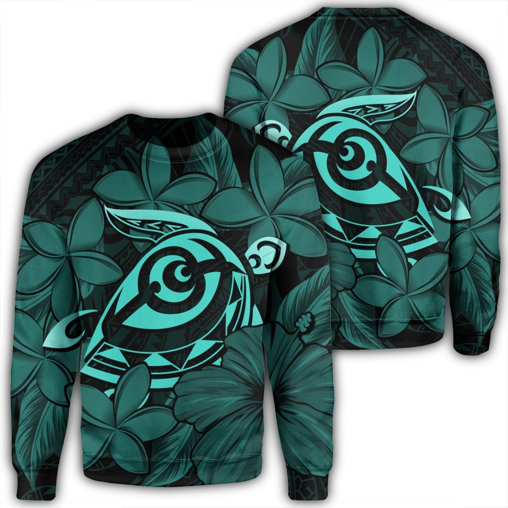 Hawaiian Turtle Hibiscus Plumeria Kanaka Polynesian Sweatshirt Turquoise - Soft Style - AH Unisex Black - Polynesian Pride