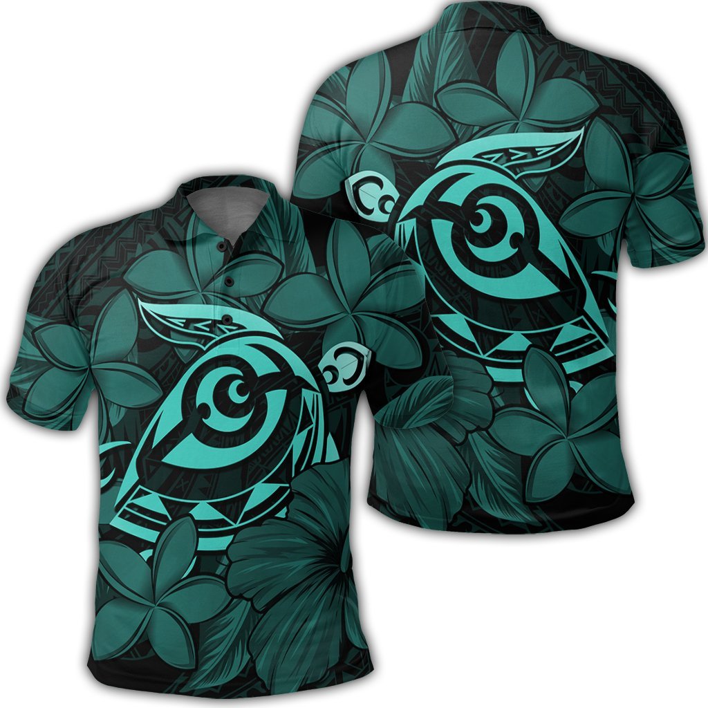 Hawaiian Turtle Hibiscus Plumeria Kanaka Polynesian Polo Shirt Turquoise Soft Style Unisex Black - Polynesian Pride