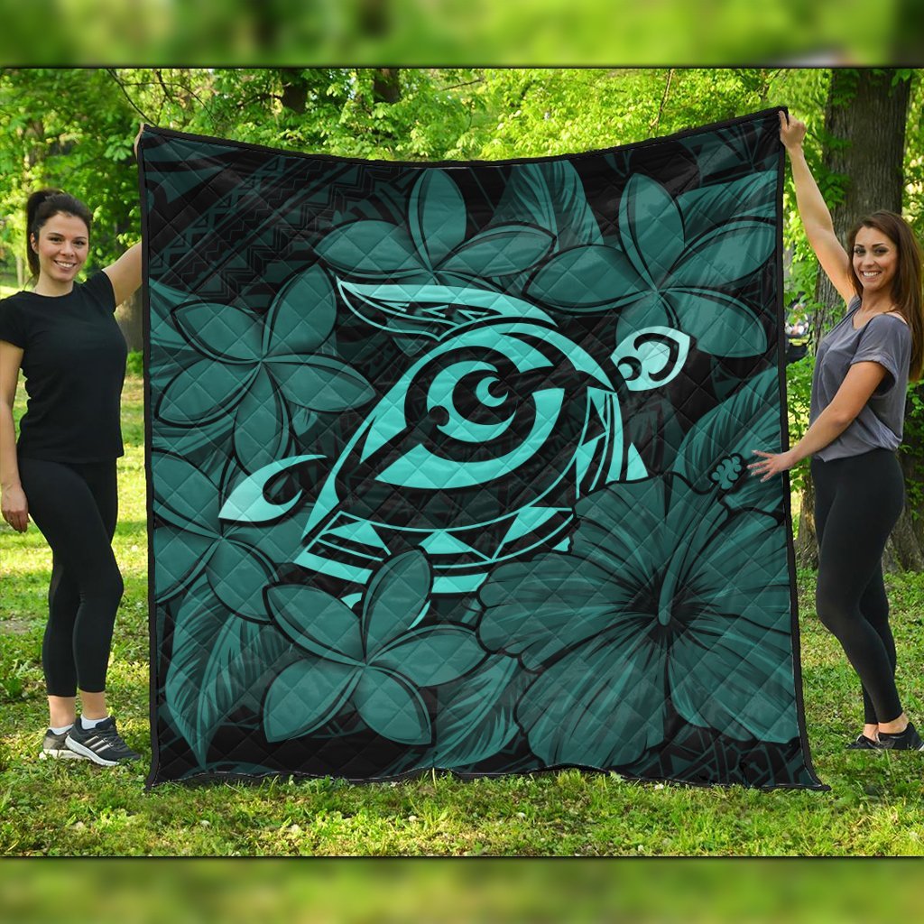 Hawaiian Turtle Hibiscus Plumeria Kanaka Polynesian Premium Quilts Turquoise - Soft Style - AH Black - Polynesian Pride