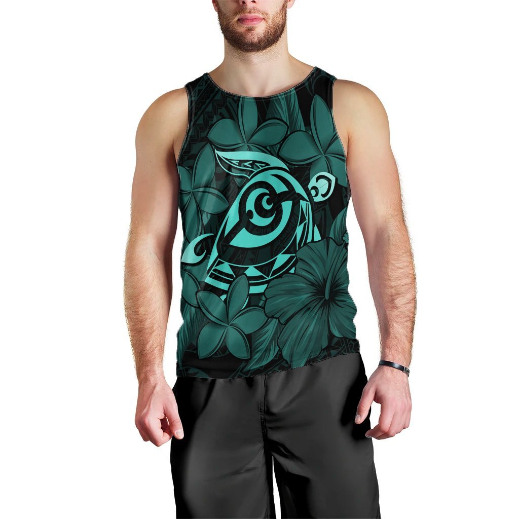 Hawaiian Turtle Hibiscus Plumeria Kanaka Polynesian Tank Top Turquoise - Soft Style - AH Black - Polynesian Pride
