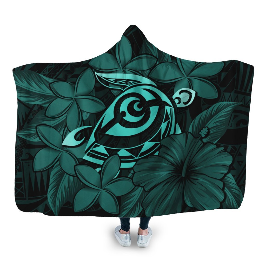 Hawaiian Turtle Hibiscus Plumeria Kanaka Polynesian Hooded Blanket Turquoise - Soft Style - AH Hooded Blanket White - Polynesian Pride