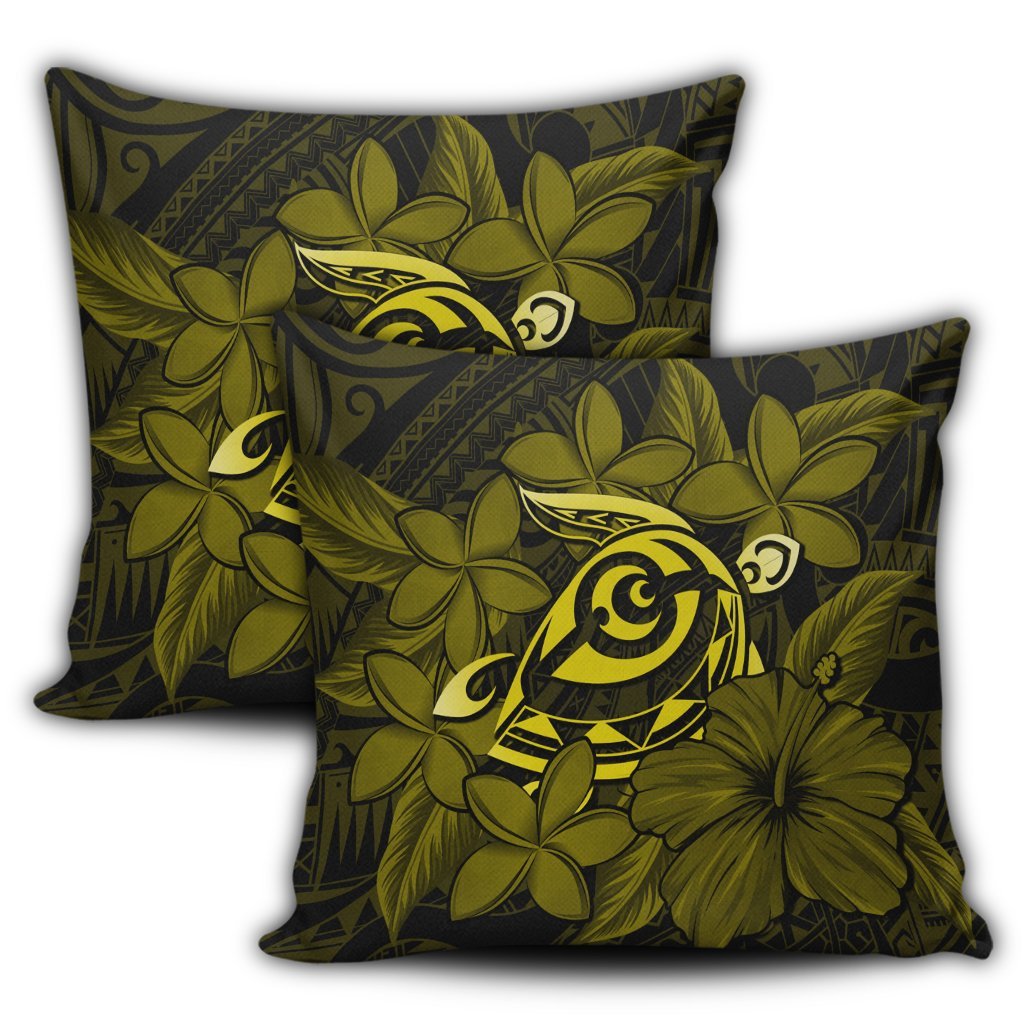Hawaiian Turtle Hibiscus Plumeria Kanaka Polynesian Pillow Covers Yellow - Soft Style - AH - Polynesian Pride