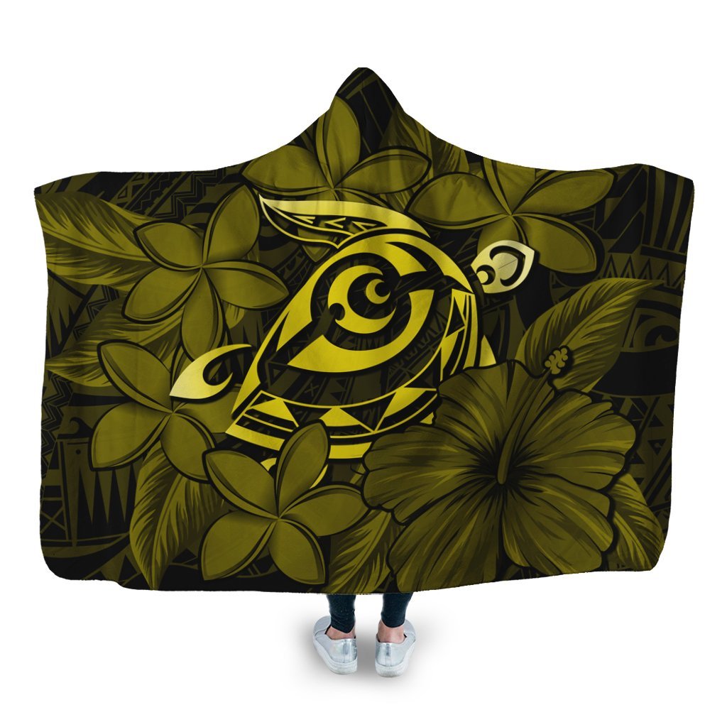 Hawaiian Turtle Hibiscus Plumeria Kanaka Polynesian Hooded Blanket Yellow - Soft Style - AH Hooded Blanket White - Polynesian Pride