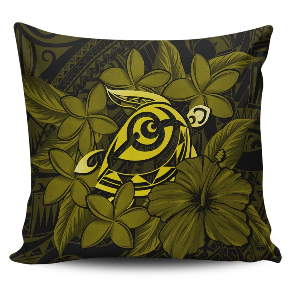 Hawaiian Turtle Hibiscus Plumeria Kanaka Polynesian Pillow Covers Yellow - Soft Style - AH Pillow Covers Black - Polynesian Pride