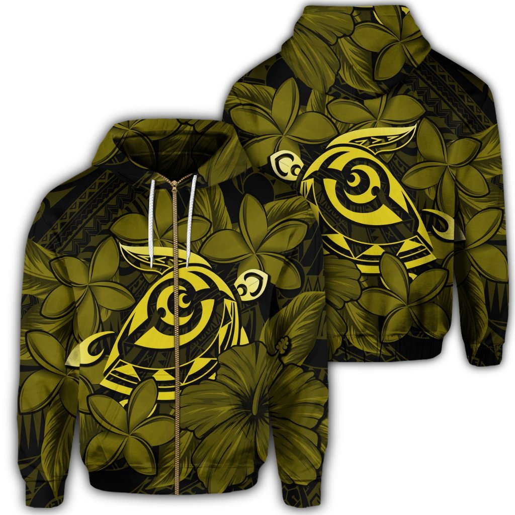 Hawaiian Turtle Hibiscus Plumeria Kanaka Polynesian Zip Hoodie Yellow Soft Style Unisex Art - Polynesian Pride
