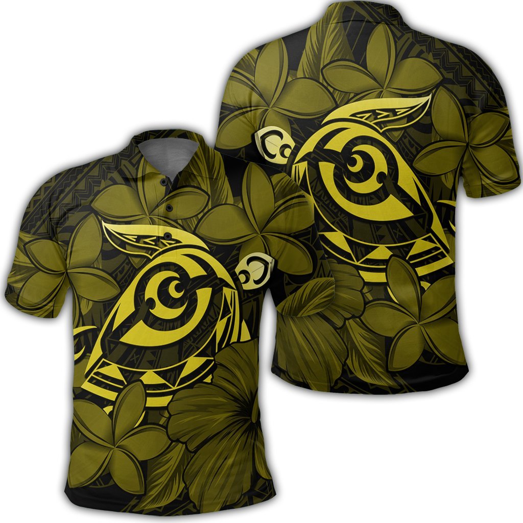 Hawaiian Turtle Hibiscus Plumeria Kanaka Polynesian Polo Shirt Yellow Soft Style Unisex Black - Polynesian Pride