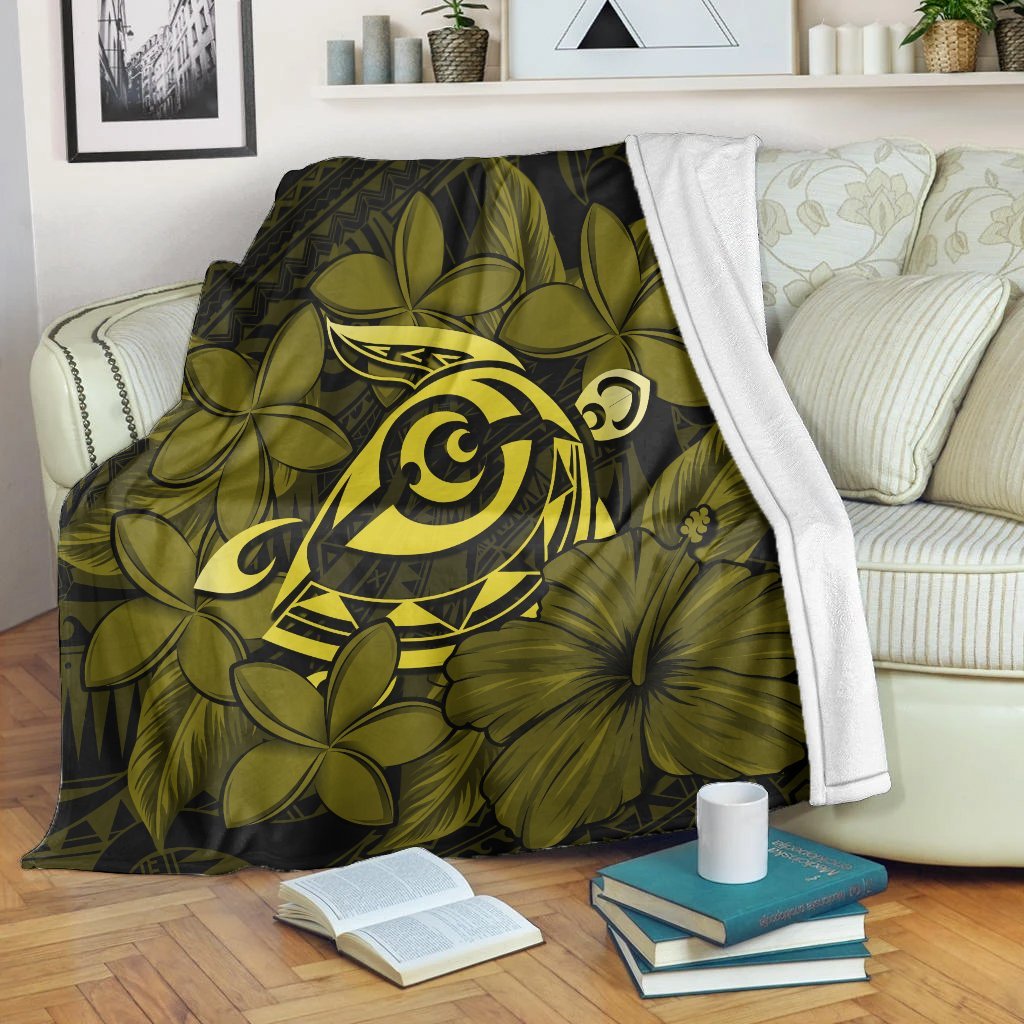 Hawaiian Turtle Hibiscus Plumeria Kanaka Polynesian Premium Blankets Yellow - Soft Style - AH White - Polynesian Pride