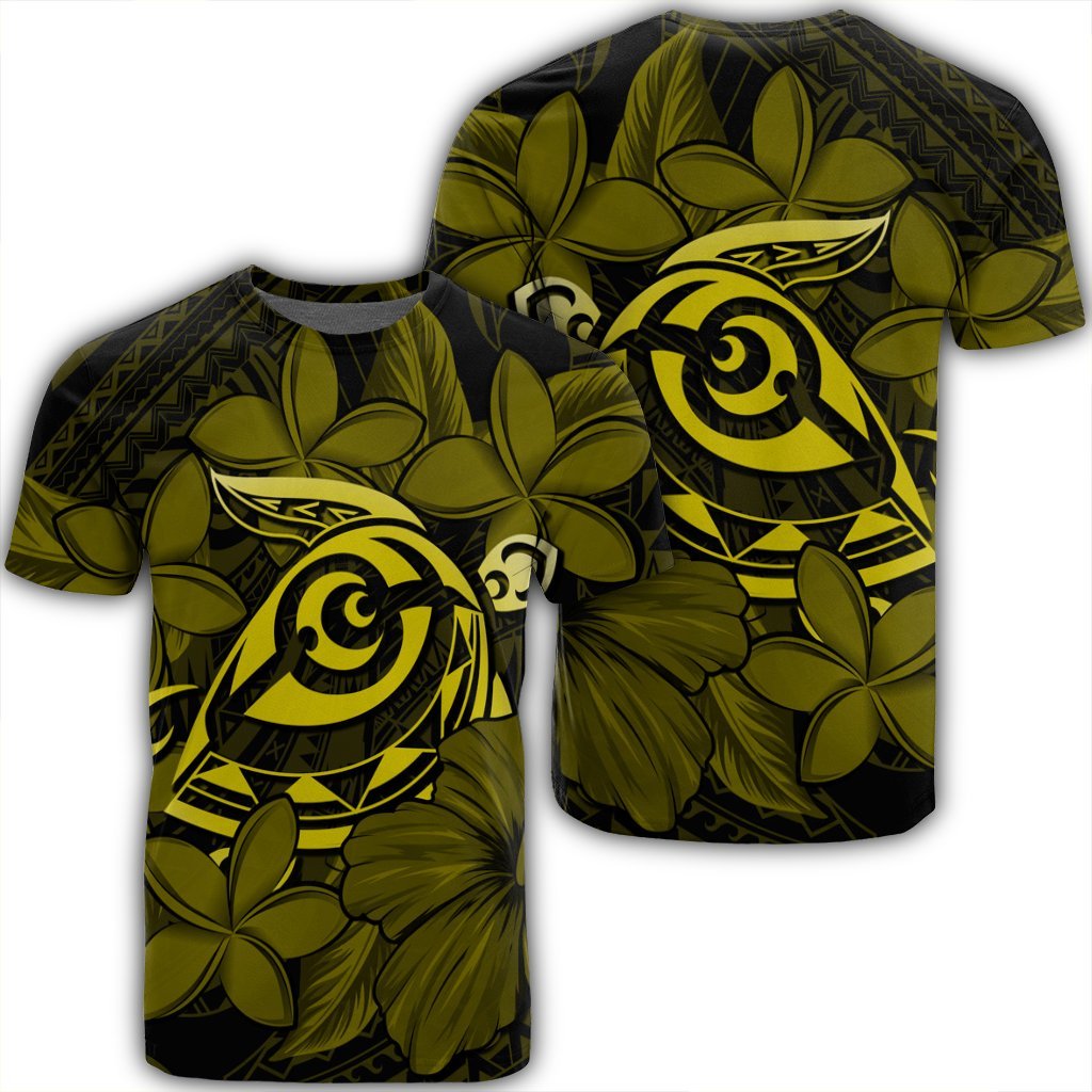 Hawaiian Turtle Hibiscus Plumeria Kanaka Polynesian T Shirt Yellow Soft Style AH Unisex Black - Polynesian Pride