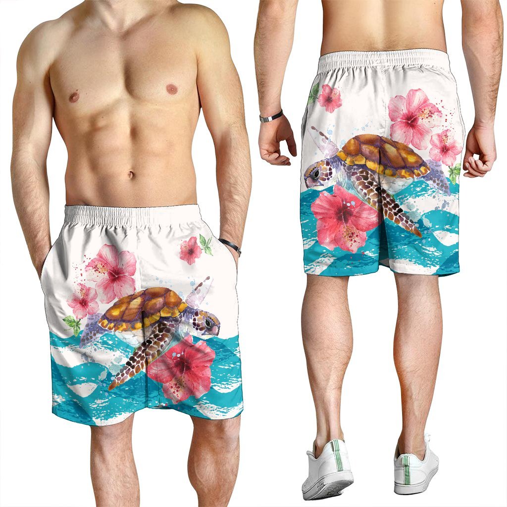 Hawaiian Turtle Hibiscus Waves Polynesian Men's Shorts - AH - Polynesian Pride
