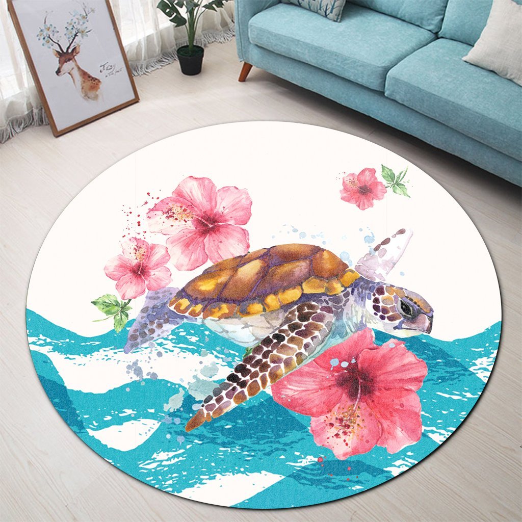 Hawaiian Turtle Hibiscus Waves Polynesian Round Carpet - AH - Polynesian Pride