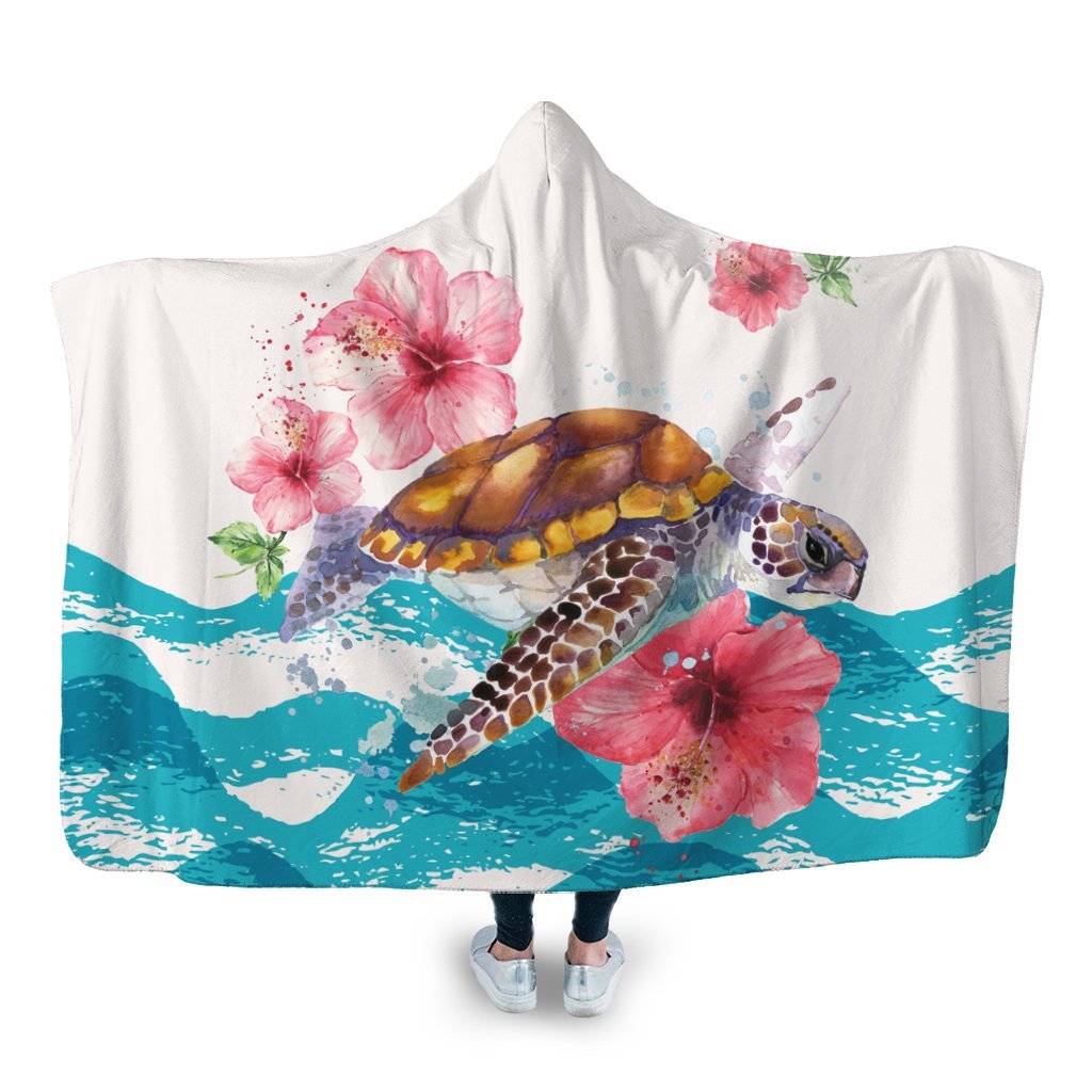 Hawaiian Turtle Hibiscus Waves Polynesian Hooded Blanket - AH Hooded Blanket White - Polynesian Pride