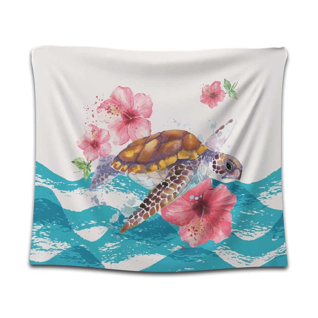 Hawaiian Turtle Hibiscus Waves Polynesian Tapestry - AH Wall Tapestry Black - Polynesian Pride