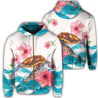 Hawaiian Turtle Hibiscus Waves Polynesian Zip Hoodie Unisex Art - Polynesian Pride