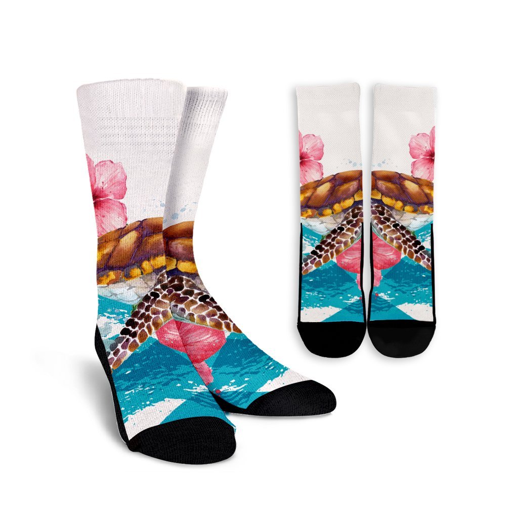 Hawaiian Turtle Hibiscus Waves Polynesian Crew Socks - AH Crew Socks White - Polynesian Pride