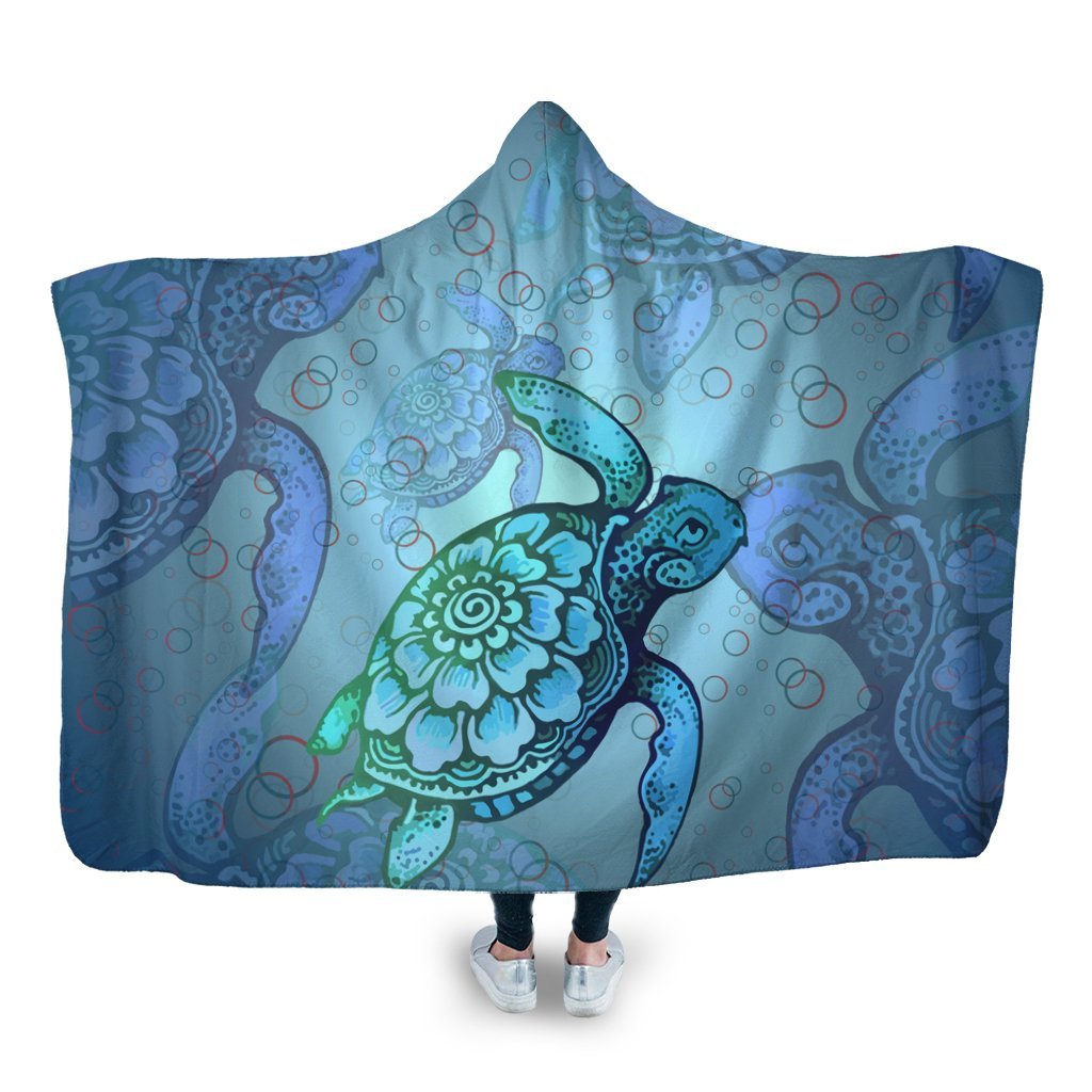 Hawaiian Turtle In The Sea Bubble Polynesian Hooded Blanket - AH Hooded Blanket White - Polynesian Pride