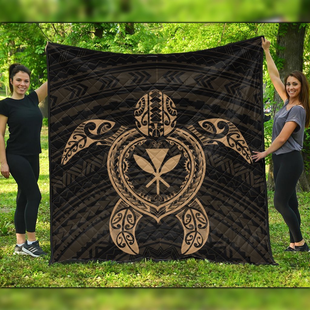 Hawaiian Turtle Kanaka Polynesian Premium Quilts - Gold - AH Black - Polynesian Pride