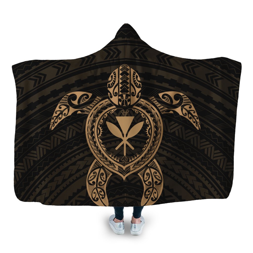 Hawaiian Turtle Kanaka Polynesian Hooded Blanket - Gold - AH Hooded Blanket White - Polynesian Pride