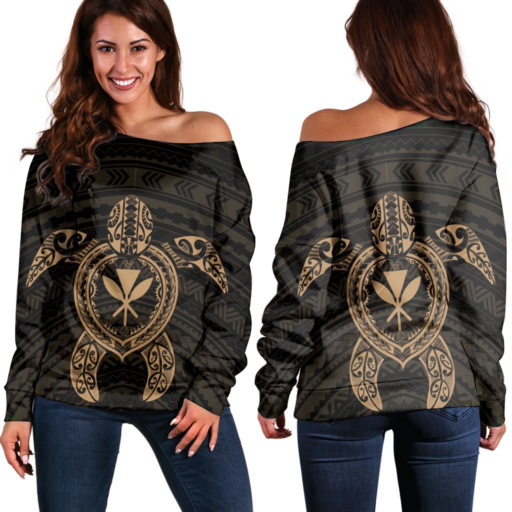 Hawaiian Turtle Kanaka Polynesian Women's Off Shoulder Sweater - Gold - AH Black - Polynesian Pride