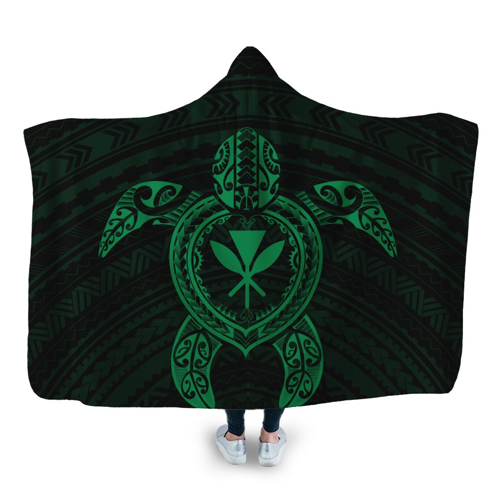 Hawaiian Turtle Kanaka Polynesian Hooded Blanket - Green - AH Hooded Blanket White - Polynesian Pride