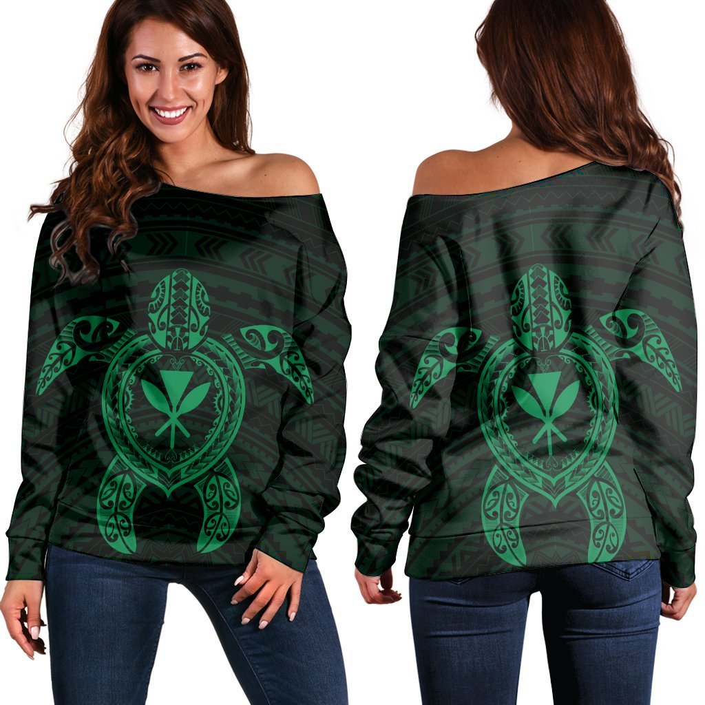 Hawaiian Turtle Kanaka Polynesian Women's Off Shoulder Sweater - Green - AH Black - Polynesian Pride