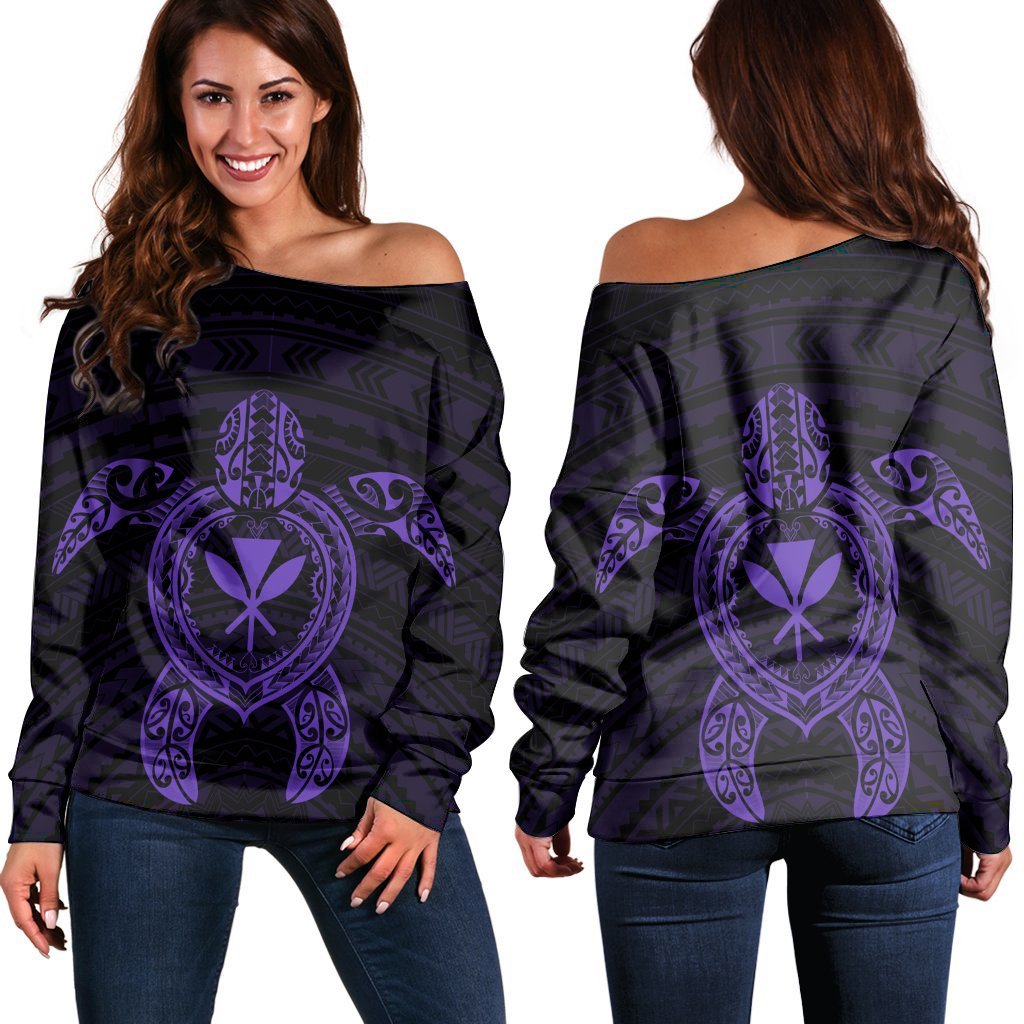 Hawaiian Turtle Kanaka Polynesian Women's Off Shoulder Sweater - Purple - AH Black - Polynesian Pride