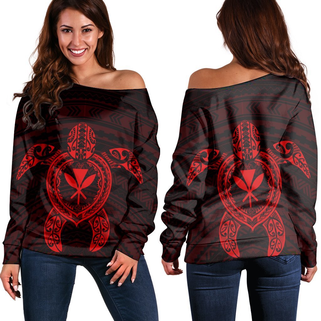 Hawaiian Turtle Kanaka Polynesian Women's Off Shoulder Sweater - Red - AH Black - Polynesian Pride