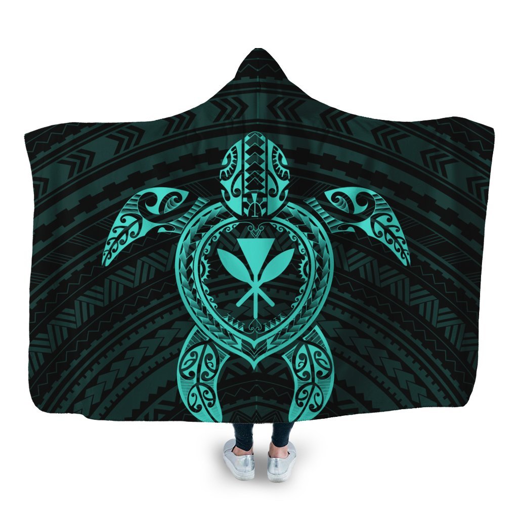 Hawaiian Turtle Kanaka Polynesian Hooded Blanket - Turquoise - AH Hooded Blanket White - Polynesian Pride