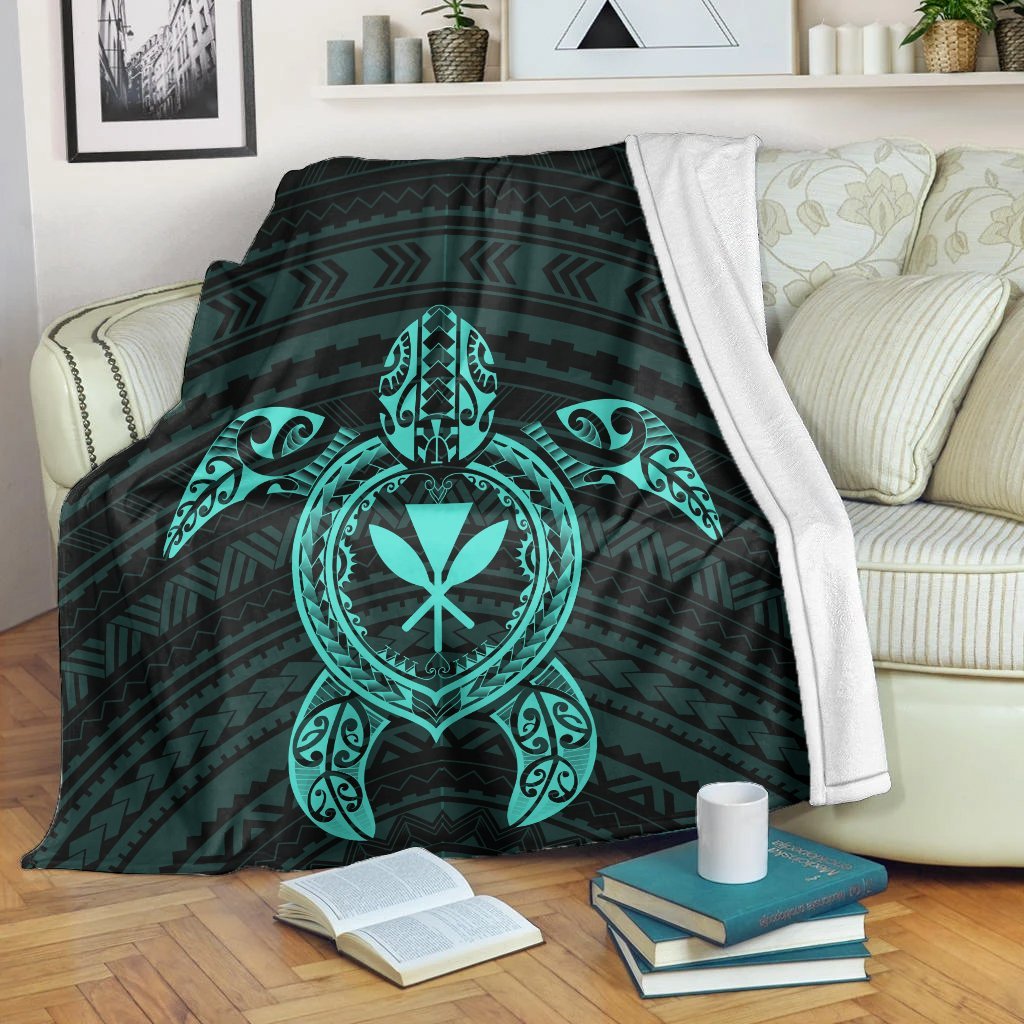 Hawaiian Turtle Kanaka Polynesian Premium Blankets - Turquoise - AH White - Polynesian Pride