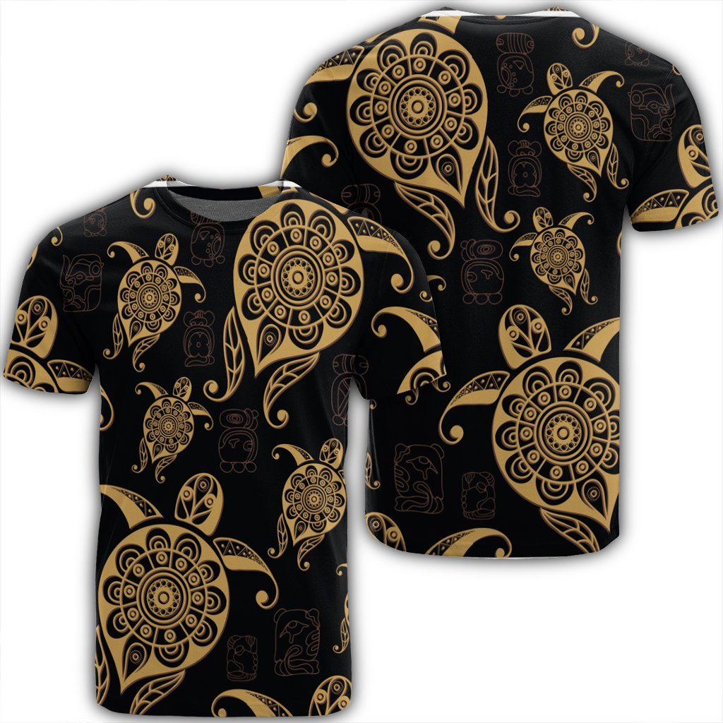 Hawaiian Turtle Pattern Golden T Shirt AH Unisex Black - Polynesian Pride