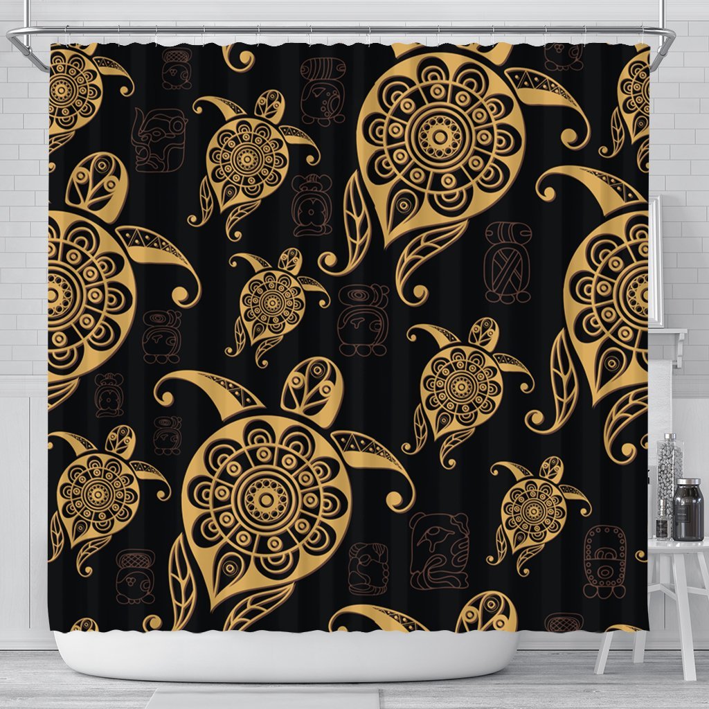 Hawaiian Turtle Pattern Golden Shower Curtain - AH 177 x 172 (cm) Black - Polynesian Pride