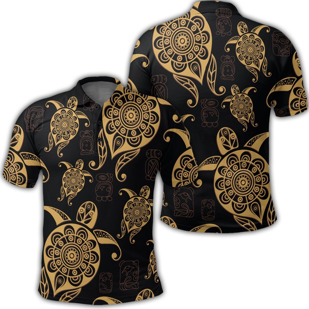 Hawaiian Turtle Pattern Golden Polo Shirt Unisex Black - Polynesian Pride