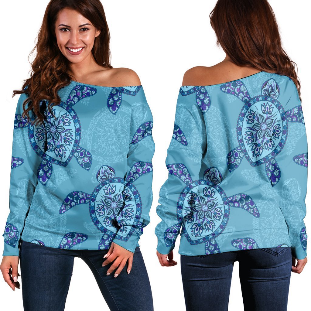 Hawaiian Turtle Plumeria Women's Off Shoulder Sweater - AH Black - Polynesian Pride