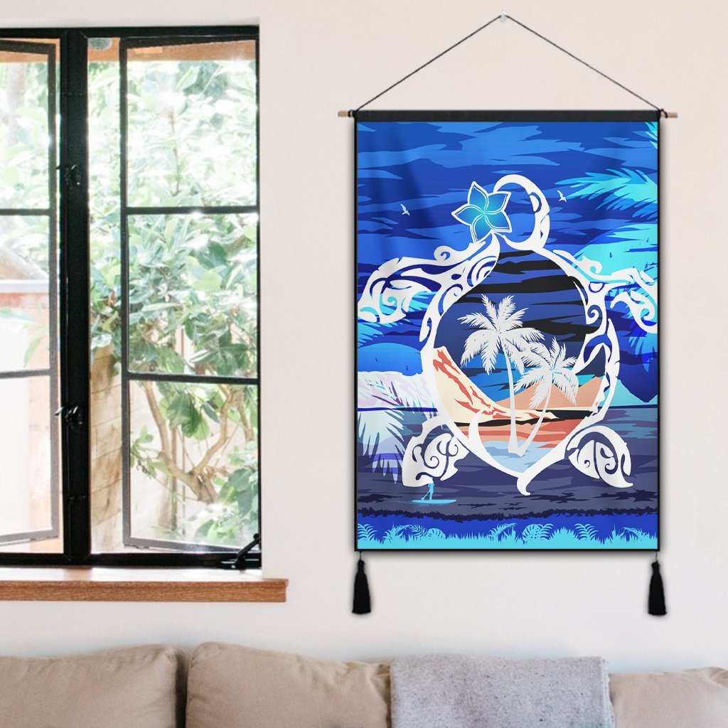 Hawaiian Turtle Plumeria Coconut Tree Polynesian Hanging Poster Blue - AH - Polynesian Pride