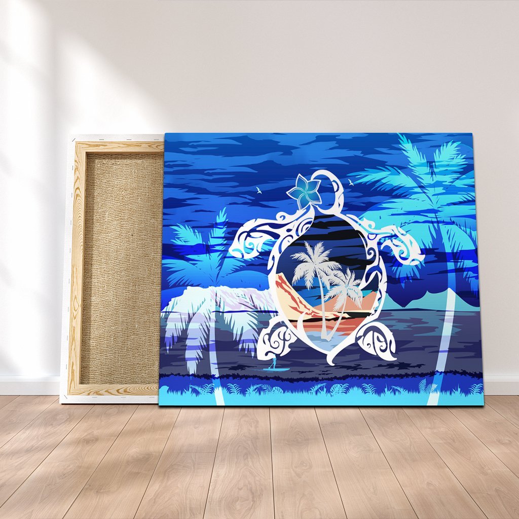 Hawaiian Turtle Plumeria Coconut Tree Polynesian Canvas Blue - AH Canvas Poly-cotton - Polynesian Pride
