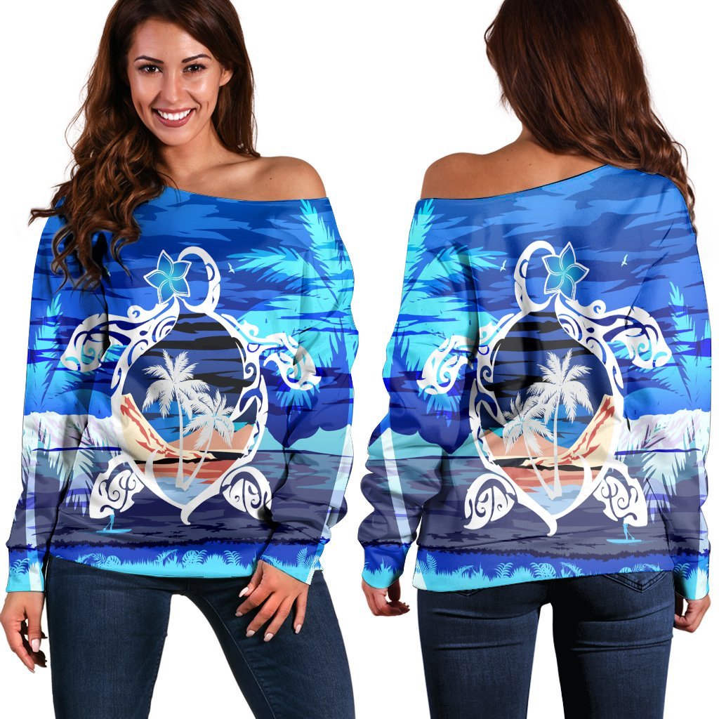 Hawaiian Turtle Plumeria Coconut Tree Polynesian Women's Off Shoulder Sweater Blue - AH Black - Polynesian Pride
