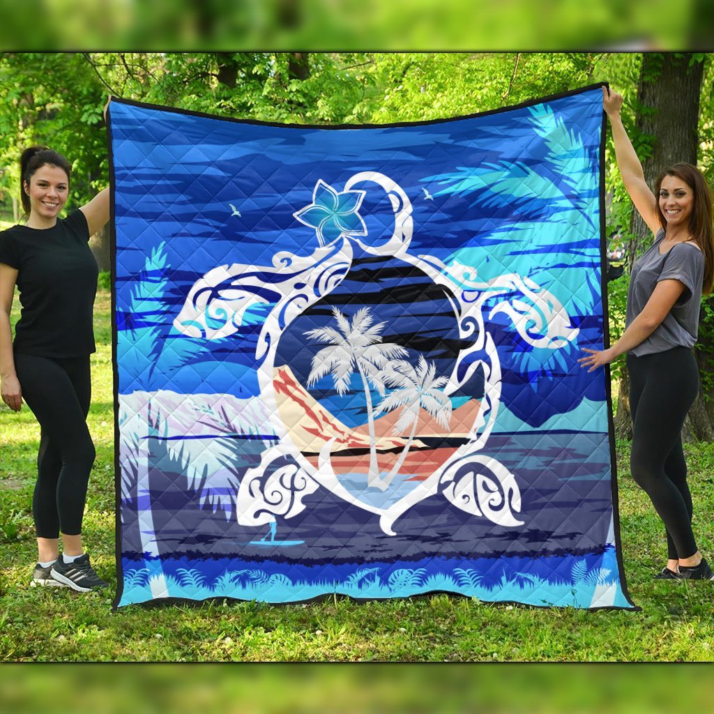 Hawaiian Turtle Plumeria Coconut Tree Polynesian Premium Quilts Blue - AH Black - Polynesian Pride