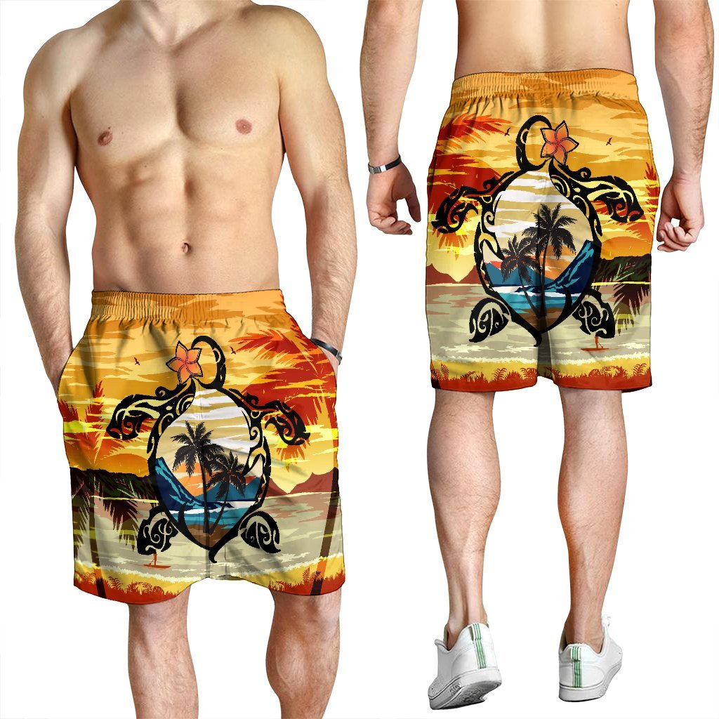 Hawaiian Turtle Plumeria Coconut Tree Polynesian Men's Shorts Gold - AH - Polynesian Pride