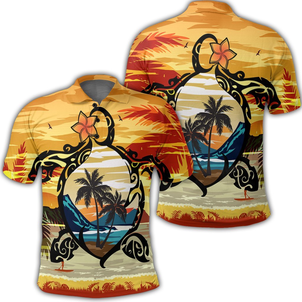 Hawaiian Turtle Plumeria Coconut Tree Polynesian Polo Shirt Gold Unisex Black - Polynesian Pride