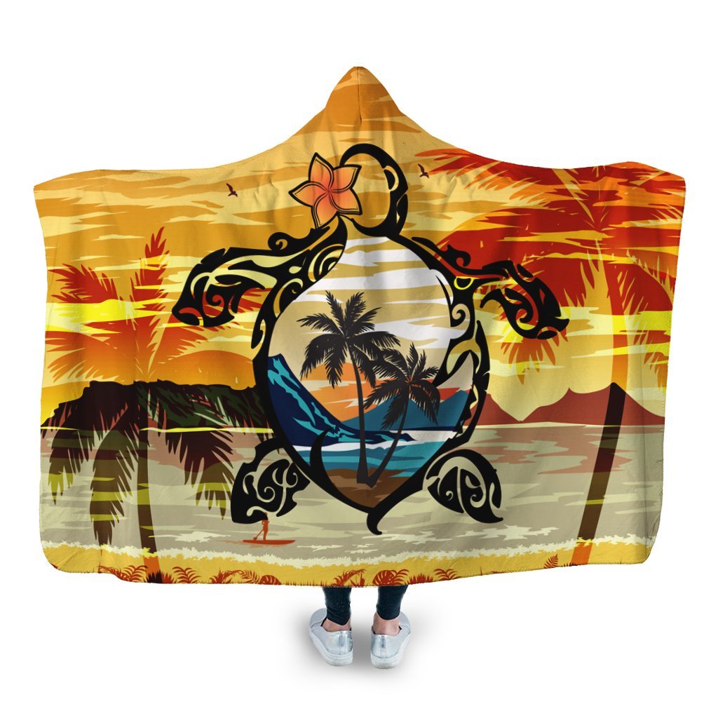 Hawaiian Turtle Plumeria Coconut Tree Polynesian Hooded Blanket Gold - AH Hooded Blanket White - Polynesian Pride