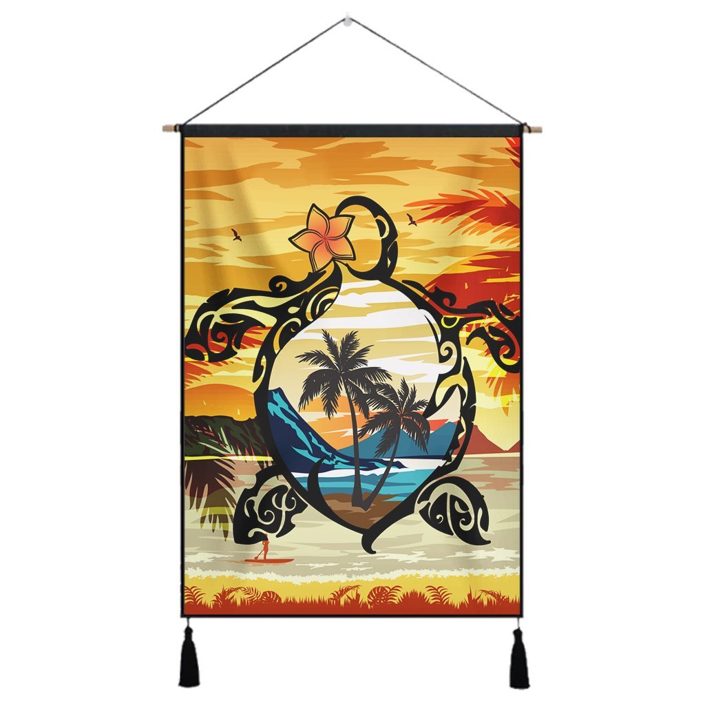 Hawaiian Turtle Plumeria Coconut Tree Polynesian Hanging Poster Gold - AH Hanging Poster Cotton And Linen - Polynesian Pride