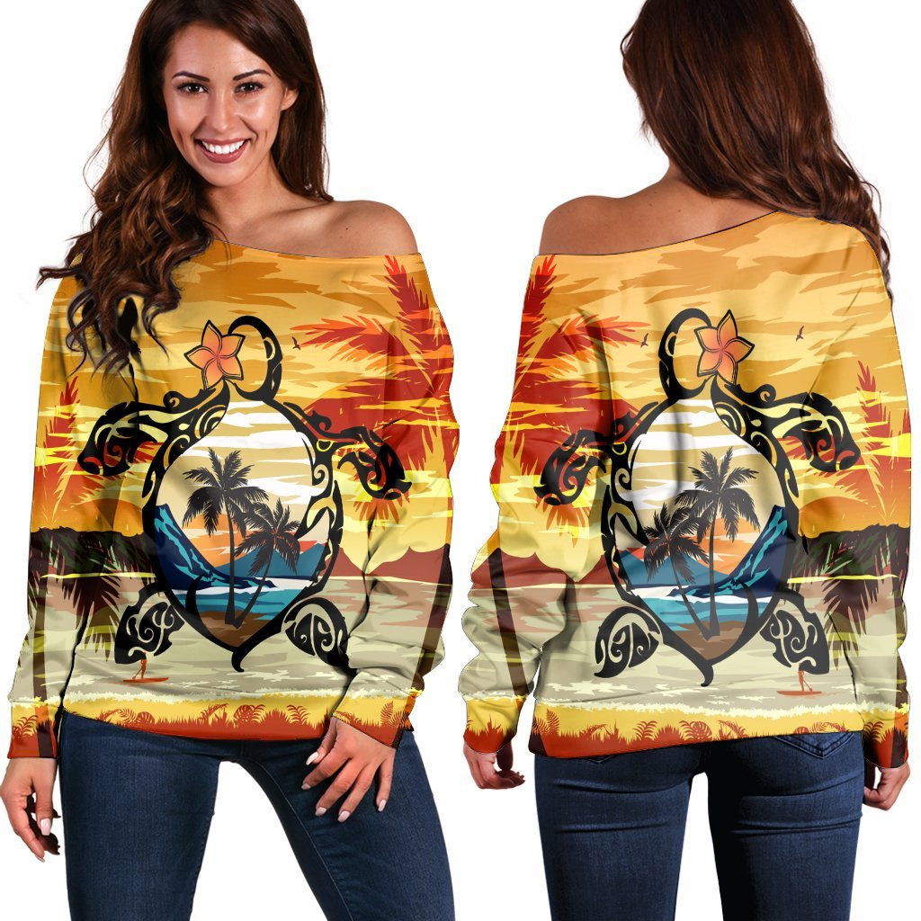 Hawaiian Turtle Plumeria Coconut Tree Polynesian Women's Off Shoulder Sweater Gold - AH Black - Polynesian Pride