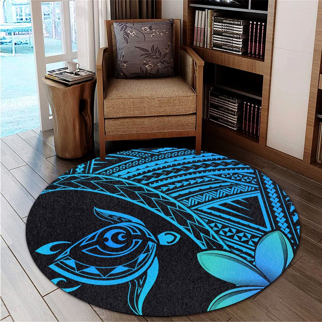 Hawaiian Turtle Plumeria Kakau Polynesian Quilt Round Carpet Blue AH - Polynesian Pride