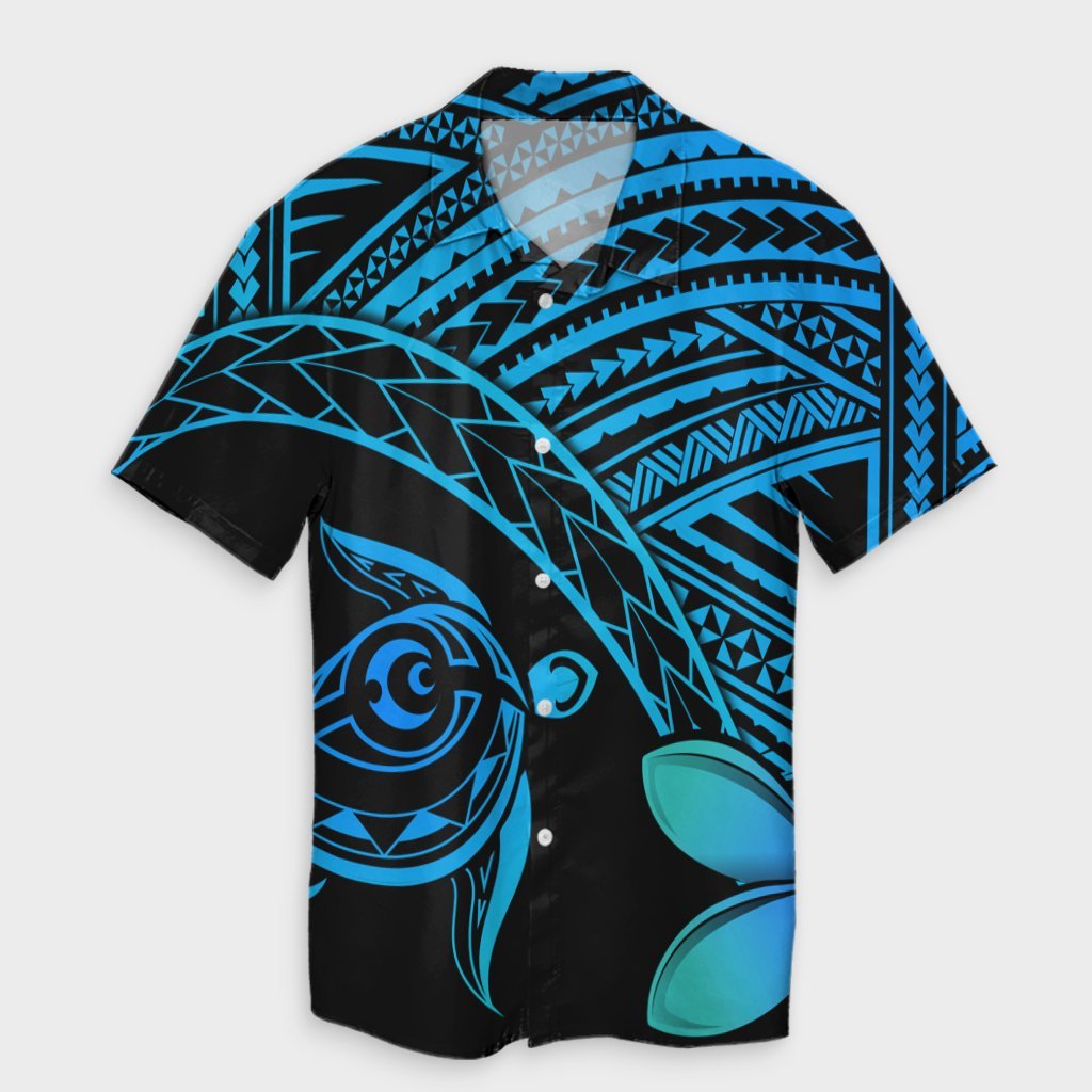 Hawaiian Turtle Plumeria Kakau Polynesian Quilt Hawaiian Shirt Blue AH Unisex Black - Polynesian Pride